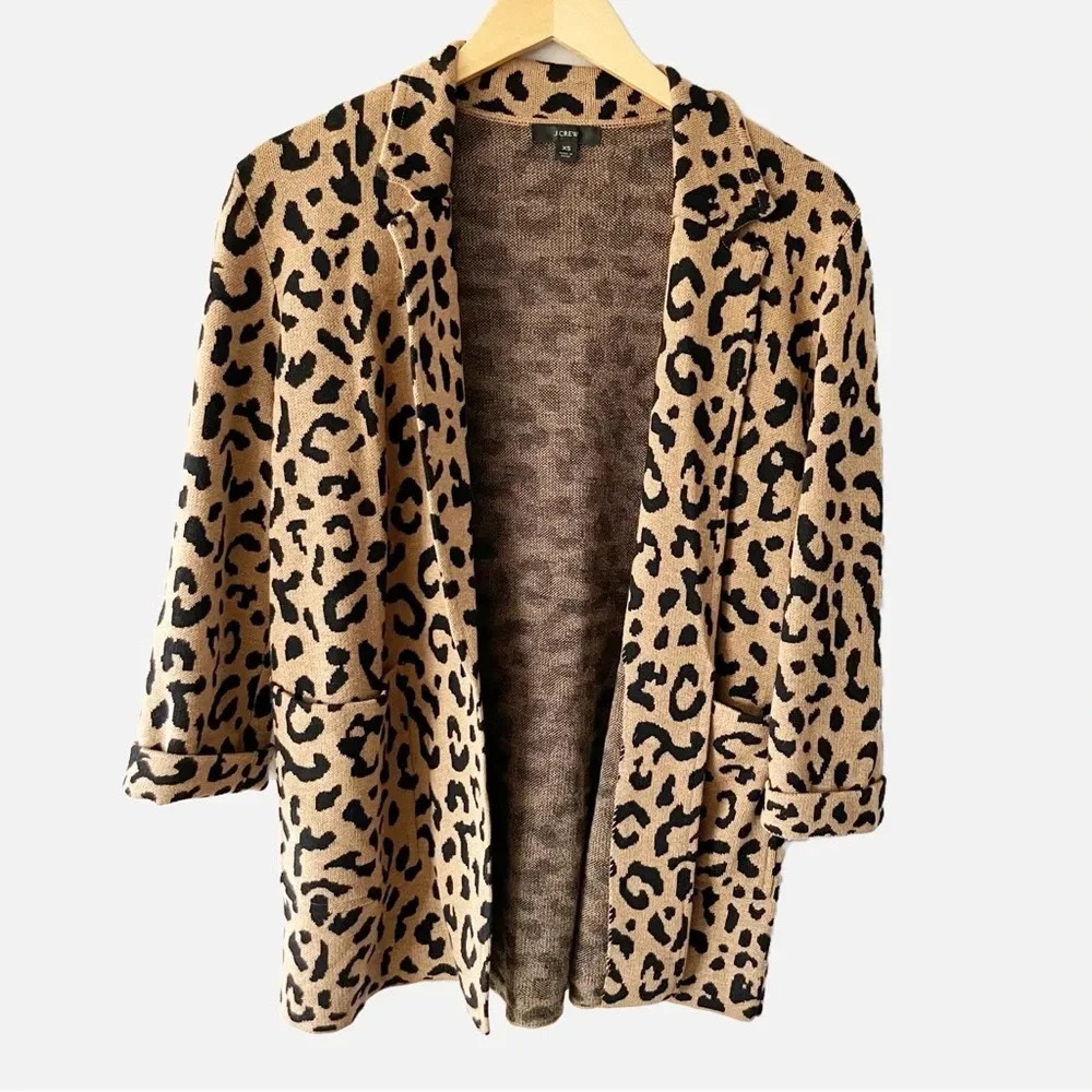 J.Crew Sophie Open-Front Leopard Sweater Blazer Relaxed Fit Wool Blend X-Small